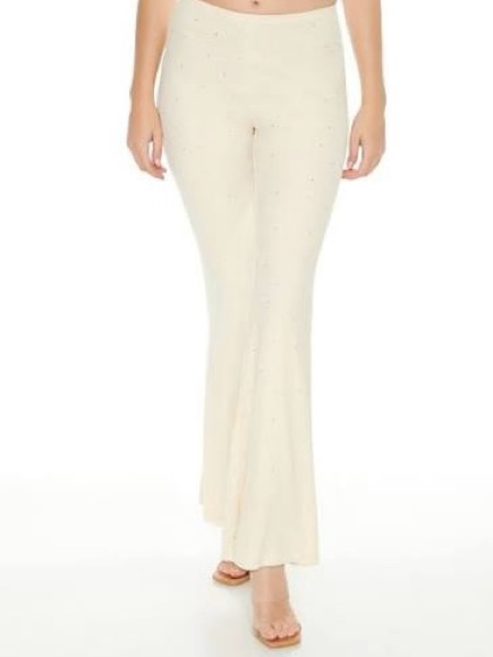 Cream Rhinestone Y2K Style Embellished Flared Knit Pants